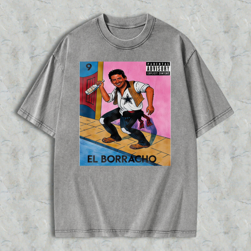 El Borracho Mexican Loteria Card Washed T-shirt