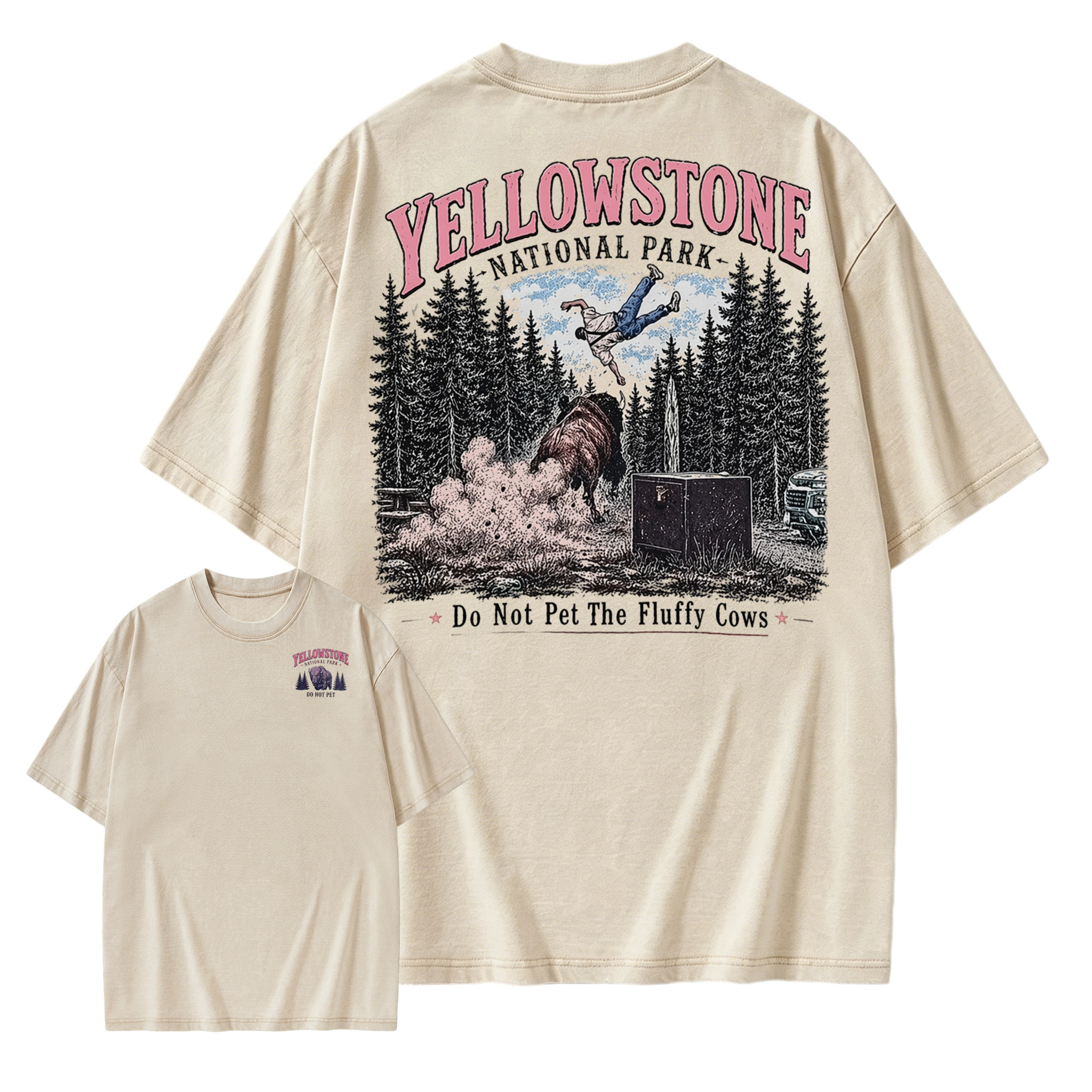 Yellowstone National Park Funny Vintage Washed T-Shirt | Do Not Pet The Fluffy Cows Graphic Tee