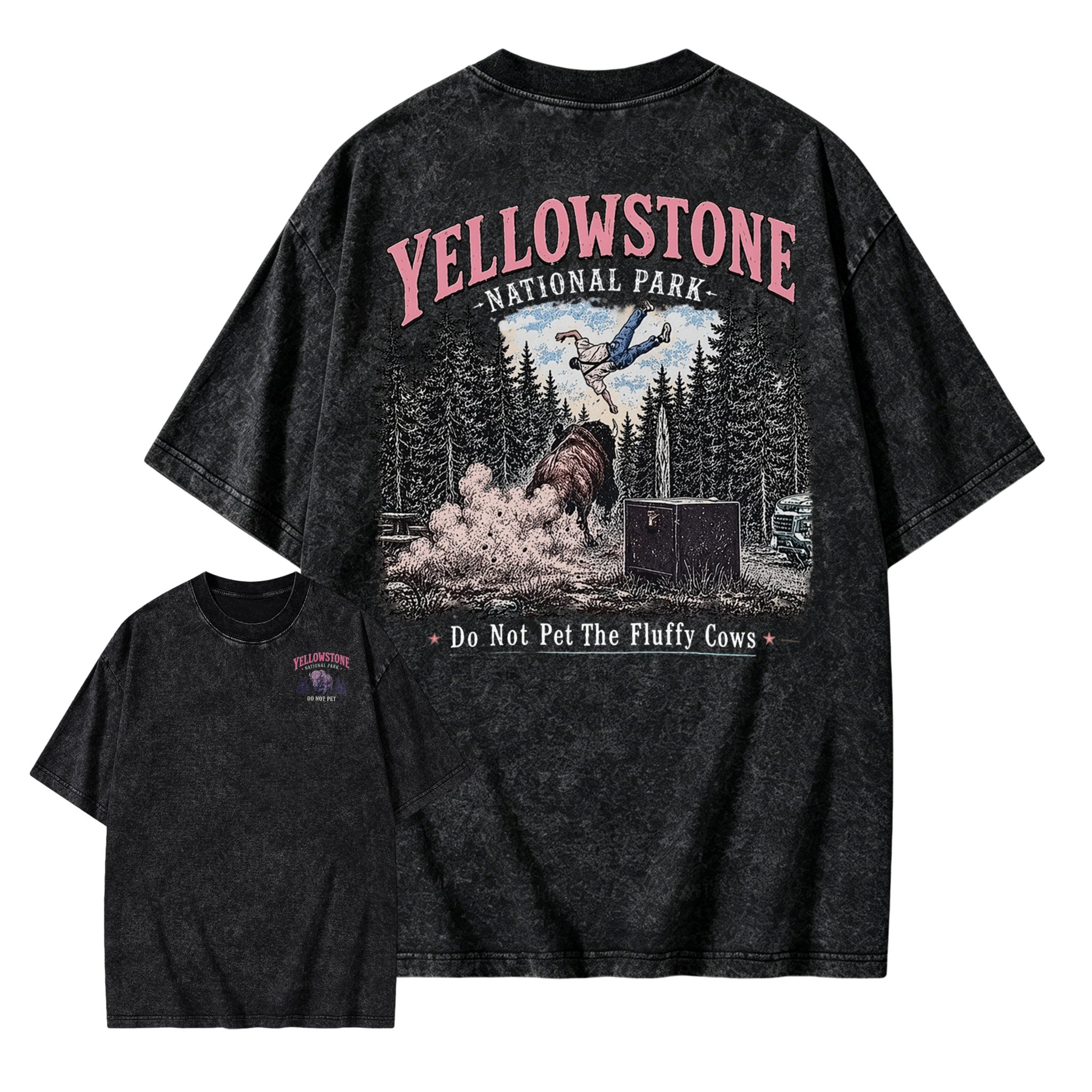 Yellowstone National Park Funny Vintage Washed T-Shirt | Do Not Pet The Fluffy Cows Graphic Tee