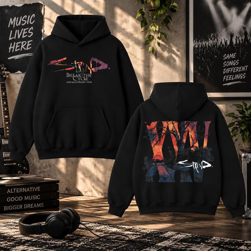 Sta1nd Break the Cycle 25th Anniversary Tour Hoodie, Vintage Rock Band Graphic Tour Date Heavy Cotton Oversized Hoodie