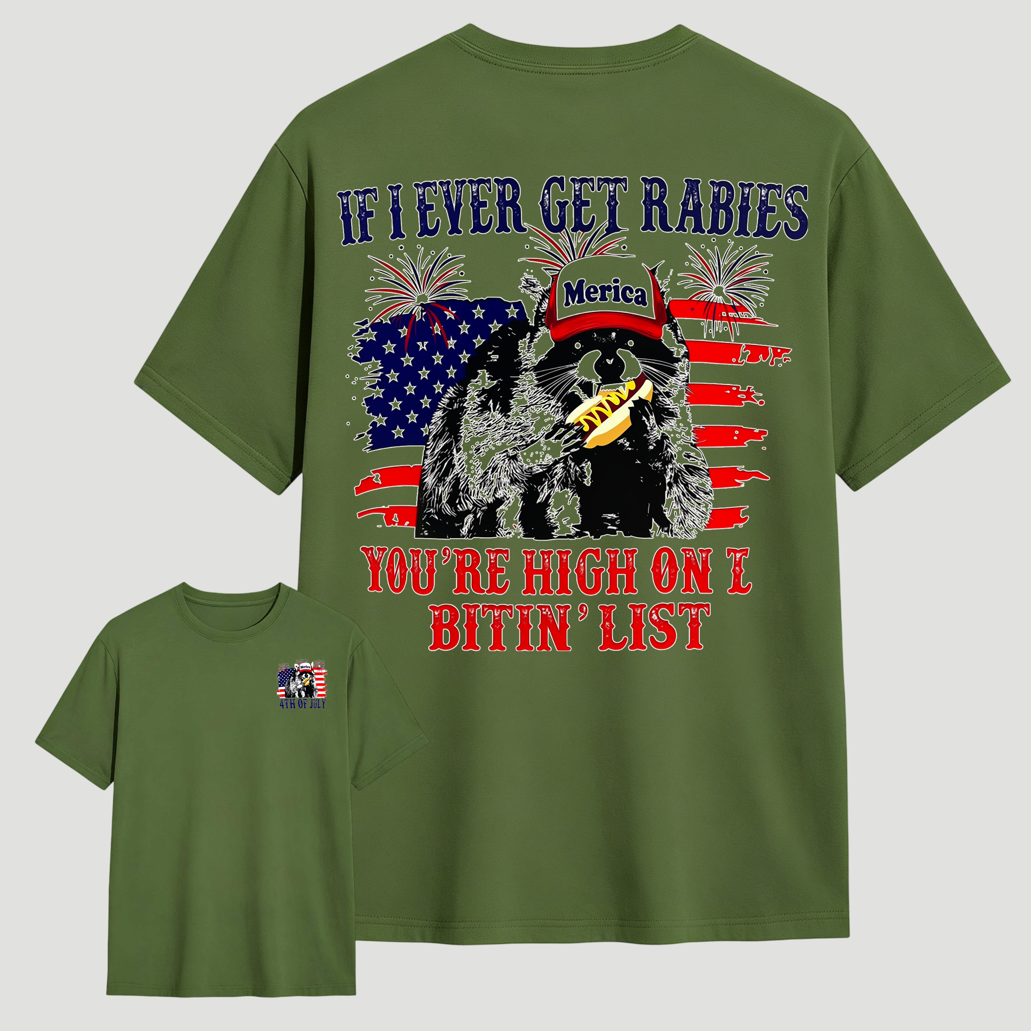 If I Ever Get Rabies You're High On The Bitin' List T-Shirt – Funny Patriotic Raccoon 4th of July Tee