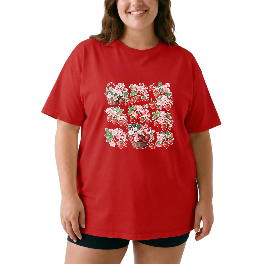 Strawberries Flowers Baskets Spring Design Pattern Print Art tshirt 100% cotton