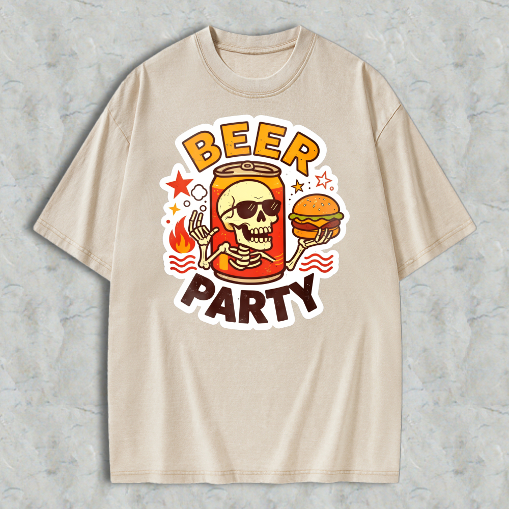 Beer Party Skull And Burger Graphic Washed T-shirt