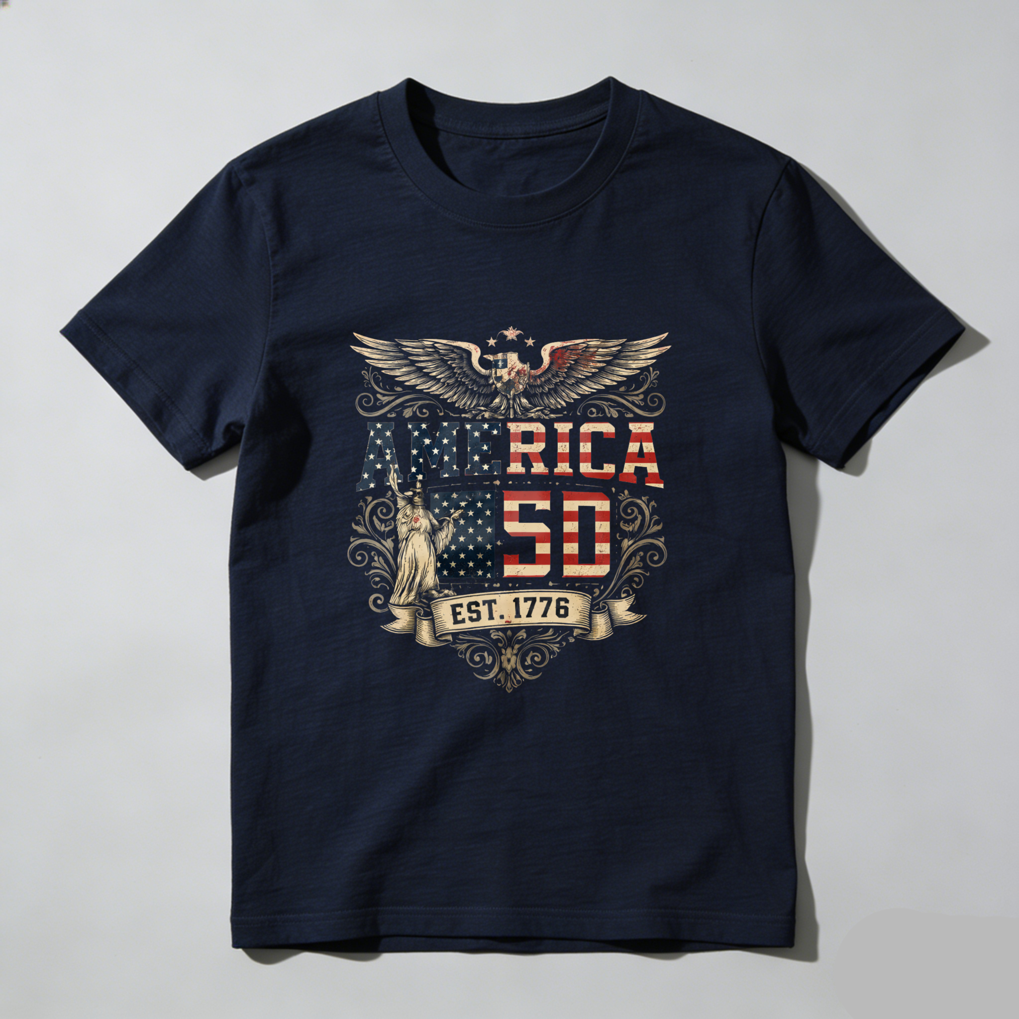 America 50 Years Independence Day Patriotic T Shirt With Statue Of Liberty And Eagle Design Est 1776 American Flag Theme Black Men Women Tee
