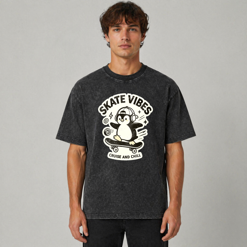 Skate Vibes Penguin On Skateboard Cruise And Chill Graphic Washed T-shirt