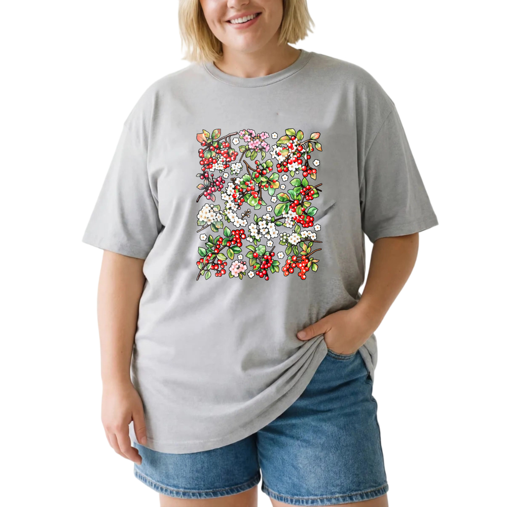 Floral Pattern With Red And White Flowers tshirt 100% cotton