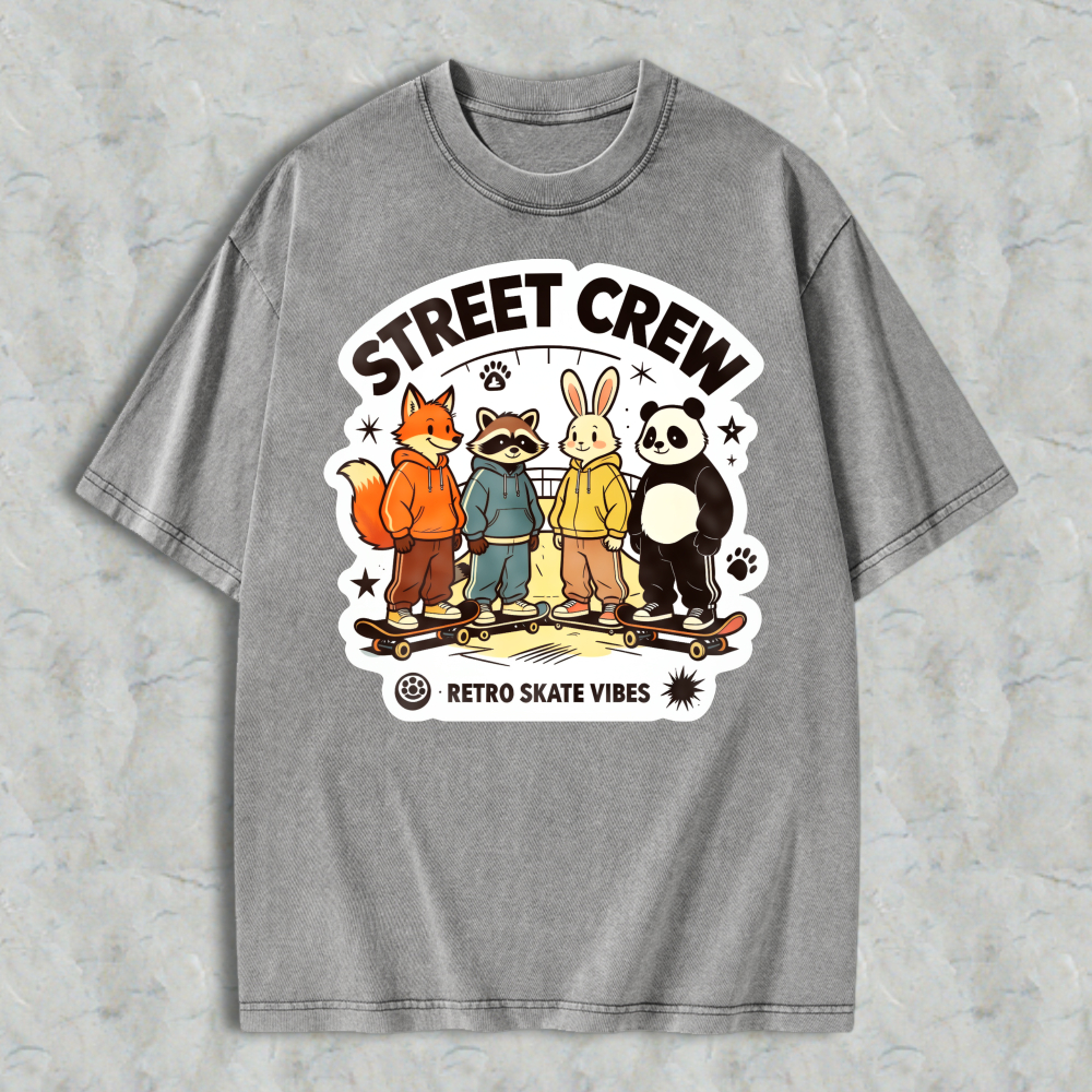 Street Crew Retro Skate Vibes Cartoon Animals Graphic Washed T-shirt