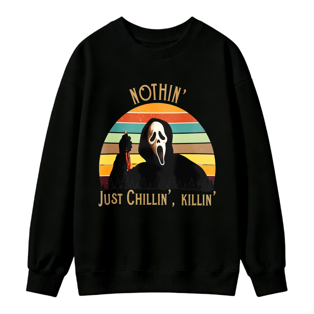 Vintage Retro Sunset Ghostface Horror Movie Character Nothin Just Chillin Killin Graphic Sweatshirt