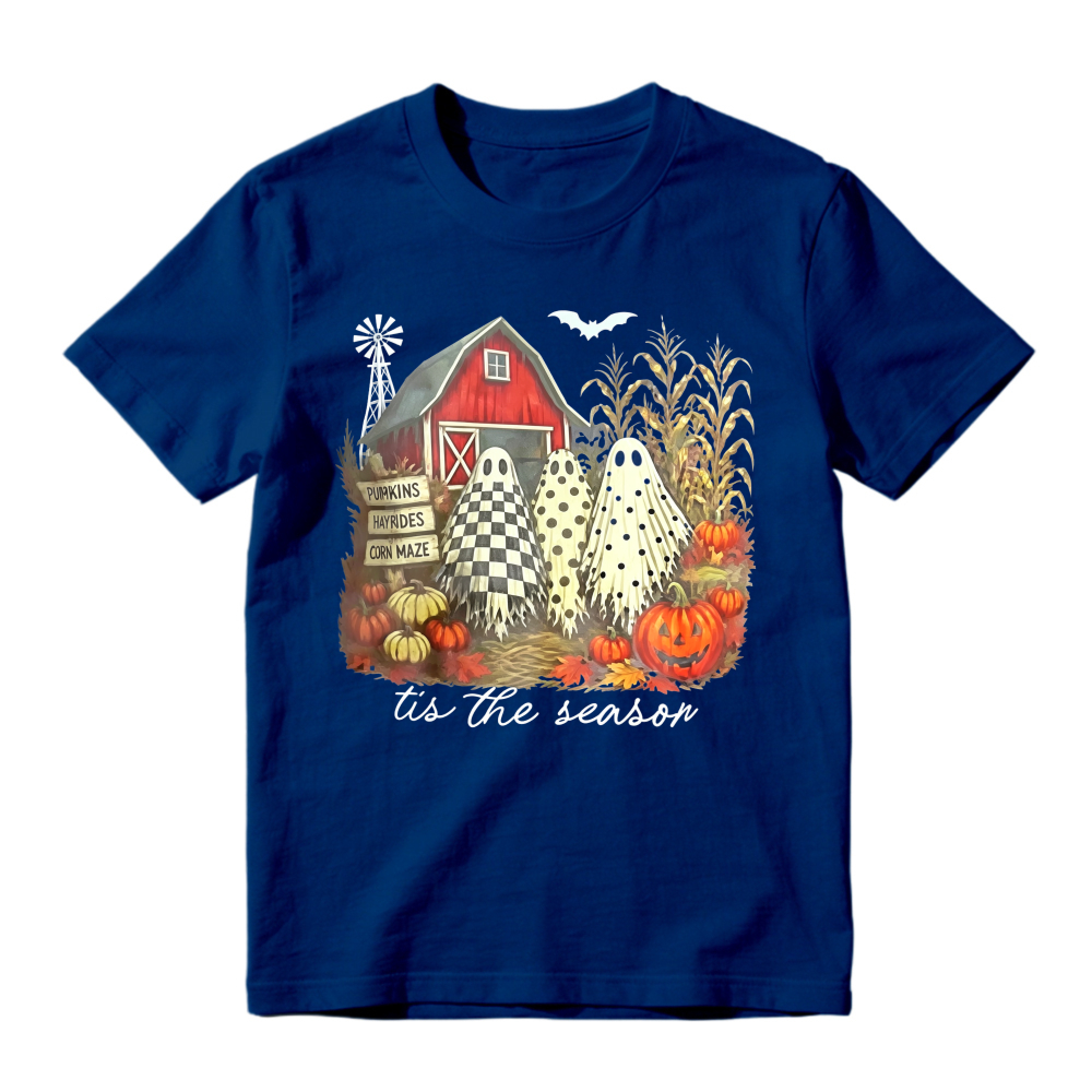 Halloween Farm Scene With Ghosts Pumpkins And Red Barn Tis The Season Unisex Classic T-shirt