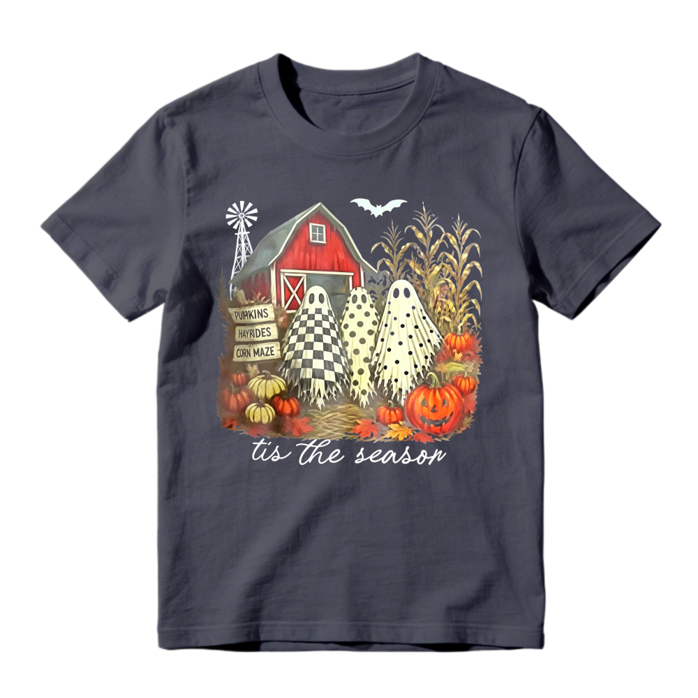 Halloween Farm Scene With Ghosts Pumpkins And Red Barn Tis The Season Unisex Classic T-shirt