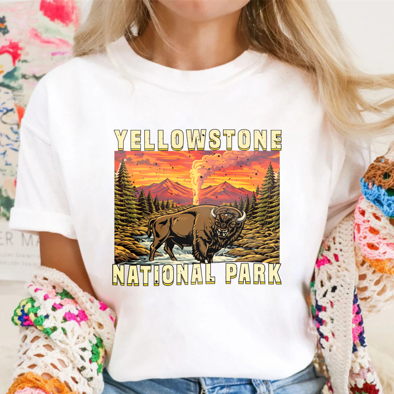 Yellowstone National Park Bison Geyser Sunset Landscape Unisex Classic T-shirt