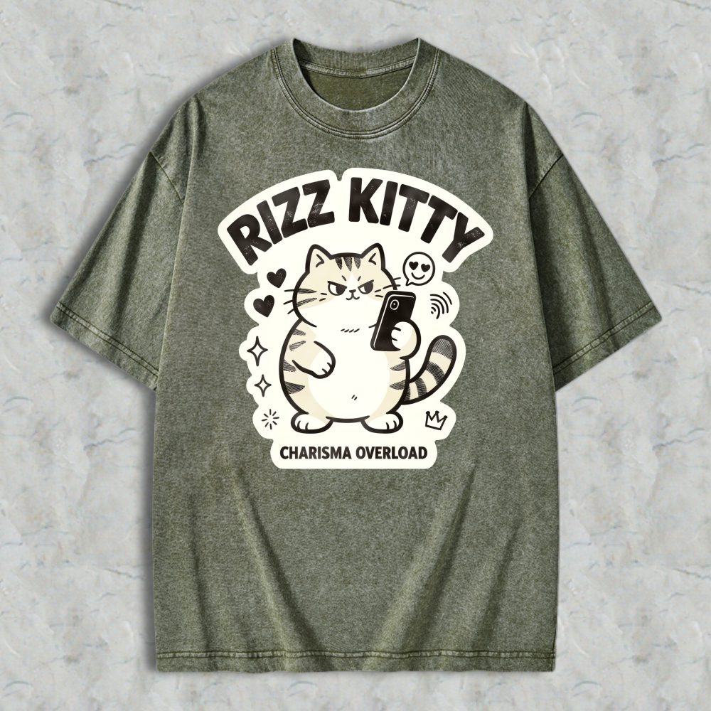 Rizz Kitty Charisma Overload Cartoon Cat Graphic Washed T-shirt