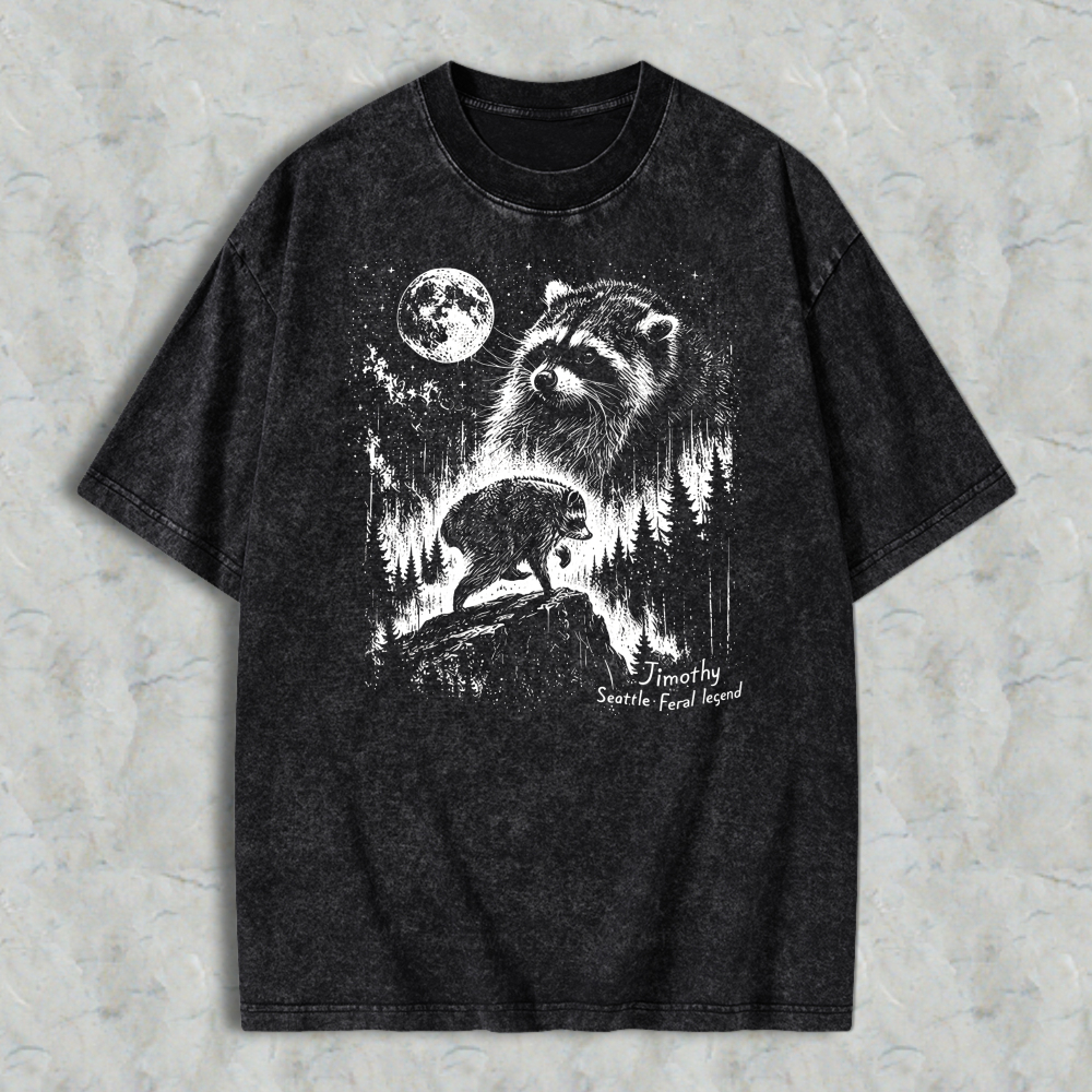 Raccoon Under Moonlight Forest Scene Washed T-shirt