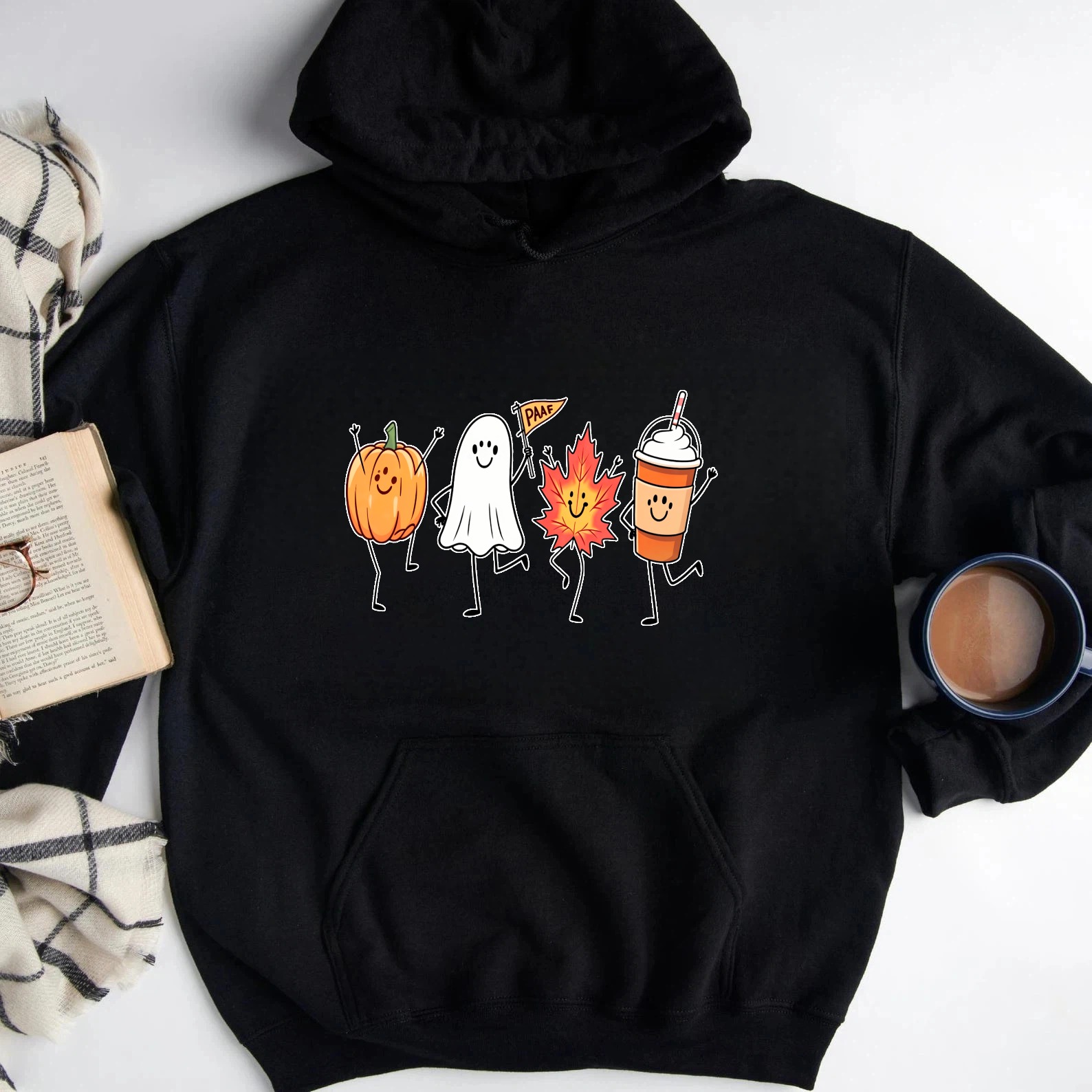 Cute Halloween Pumpkin Ghost Maple Leaf And Coffee Cup Cartoon Characters Sweatshirt