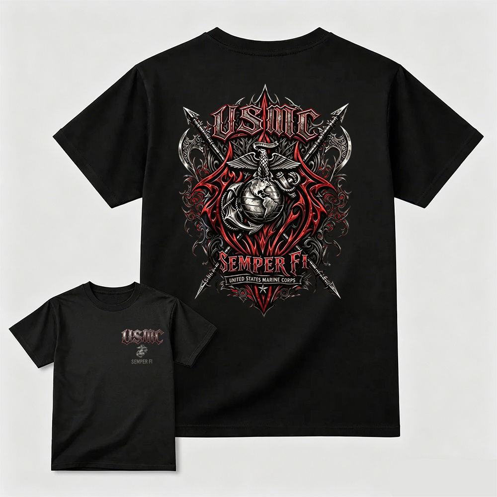 Mens US Marine Corps Gothic Graphic Tee Patriotic Veteran Gift Shirt