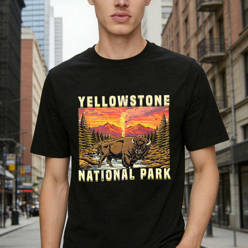 Yellowstone National Park Bison Geyser Sunset Landscape Unisex Classic T-shirt