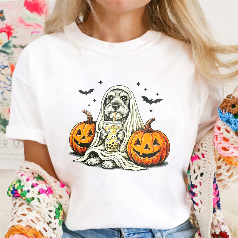Halloween Dog Ghost With Pumpkins And Bubble Tea Unisex Classic T-shirt