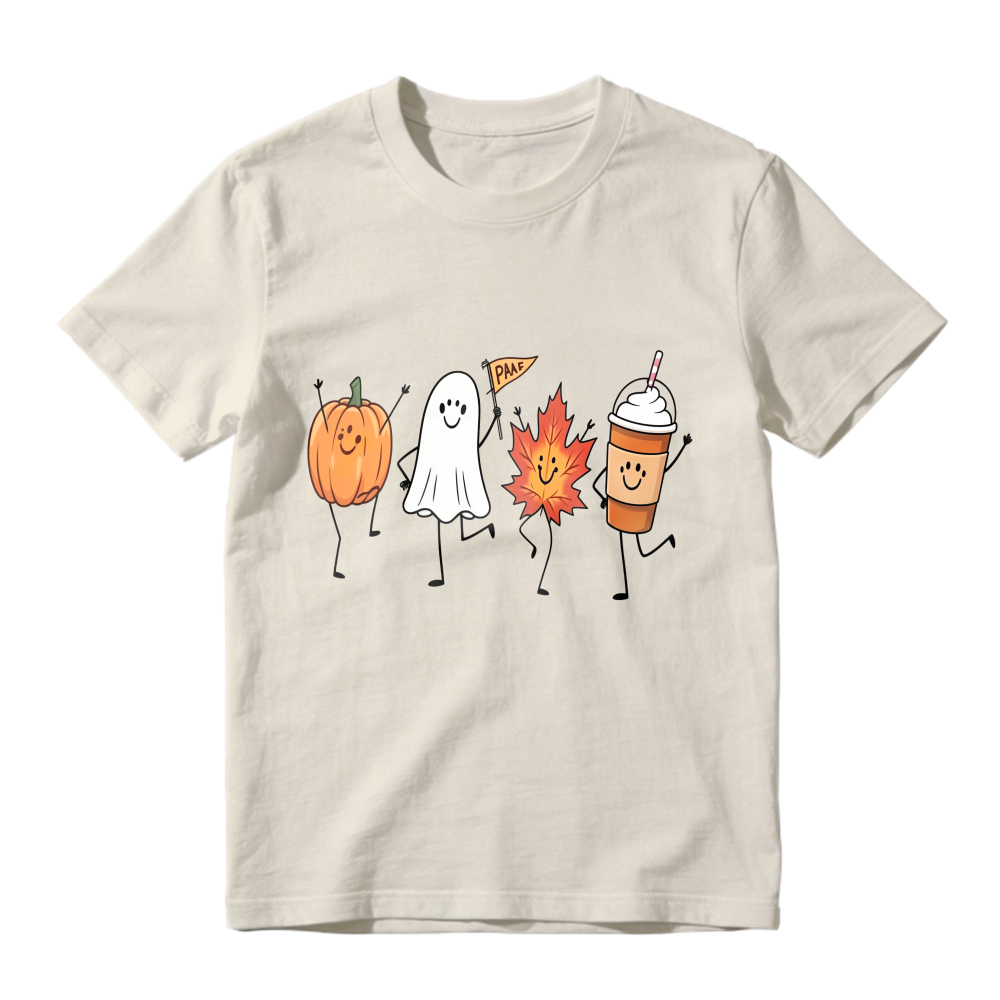 Cute Halloween Pumpkin Ghost Maple Leaf And Coffee Cup Dancing Characters Unisex Classic T-shirt