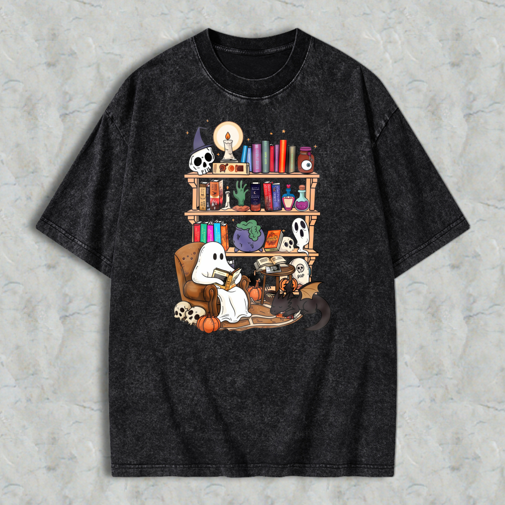 Halloween Ghost Reading Book With Skull And Black Cat On Bookshelf Unisex Washed T-shirt