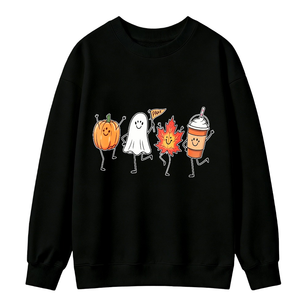 Cute Halloween Pumpkin Ghost Maple Leaf And Coffee Cup Cartoon Pattern Sweatshirt