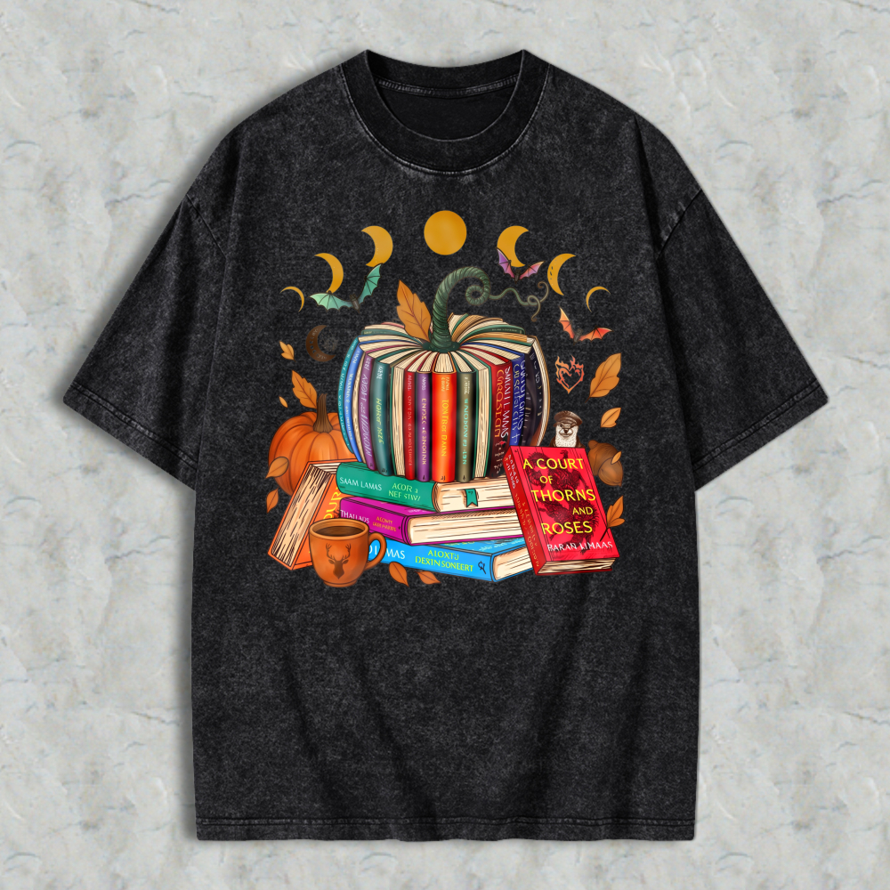 Autumn Books And Pumpkin With Moon Phases Fantasy Reading Unisex Washed T-shirt