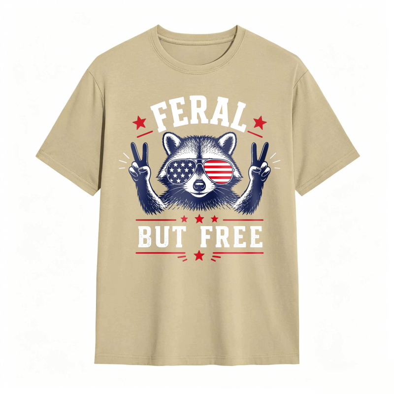 Feral But Free Raccoon American Flag 100% Cotton Graphic T-shirt