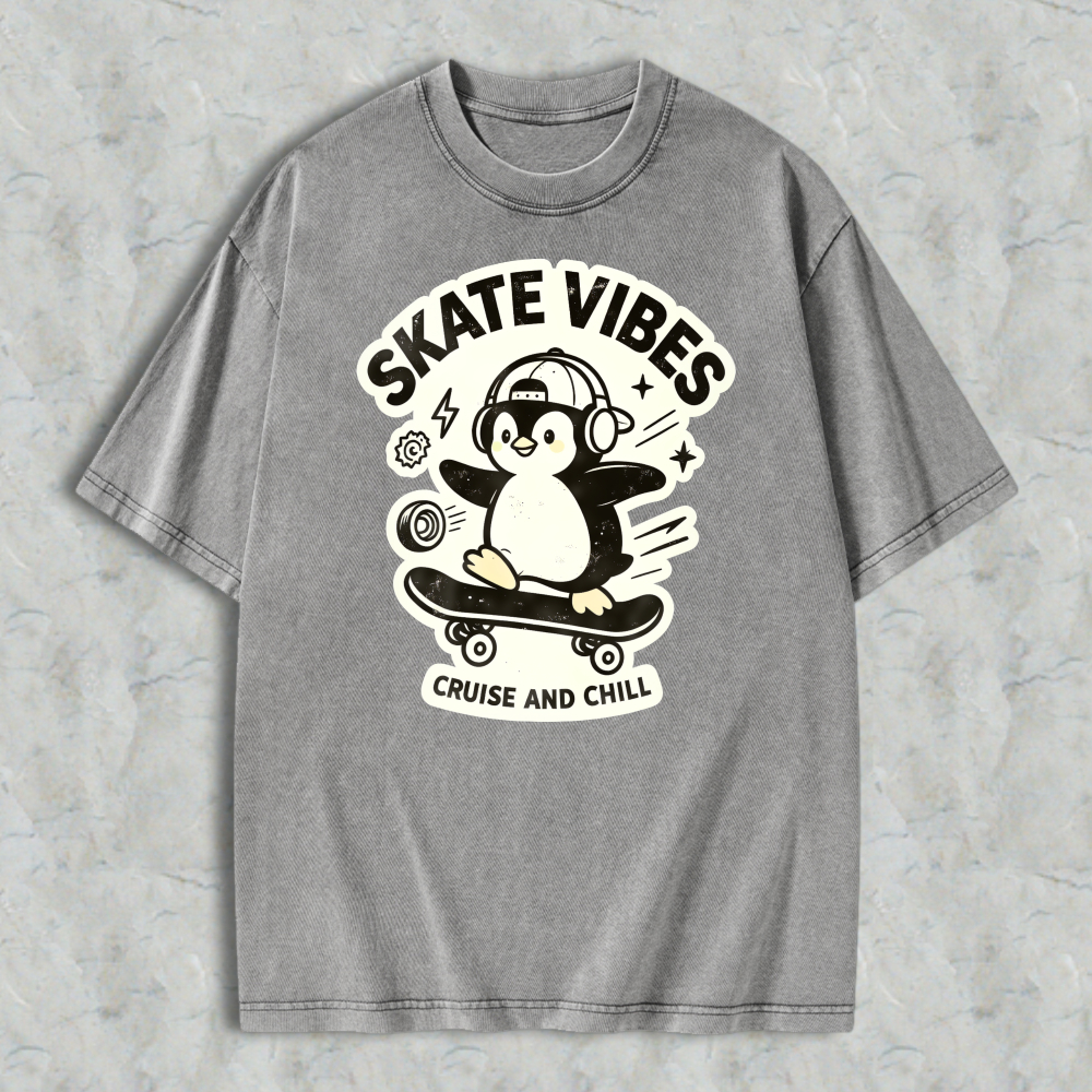 Skate Vibes Penguin On Skateboard Cruise And Chill Graphic Washed T-shirt