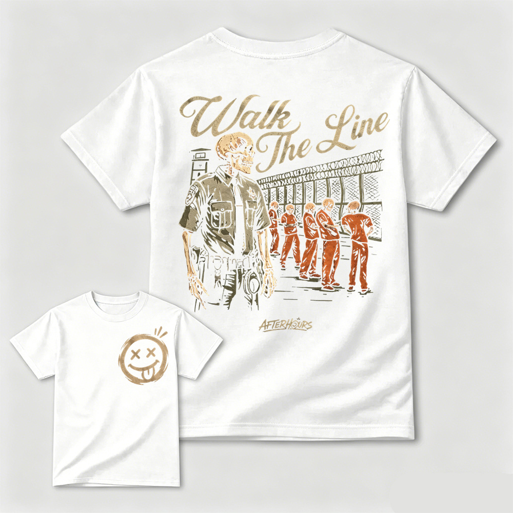 Walk The Line Skeleton Prison Guard Front Back Print T-Shirt