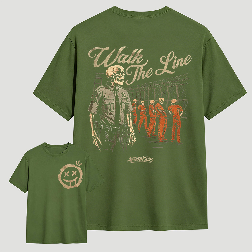 Walk The Line Skeleton Prison Guard Front Back Print T-Shirt