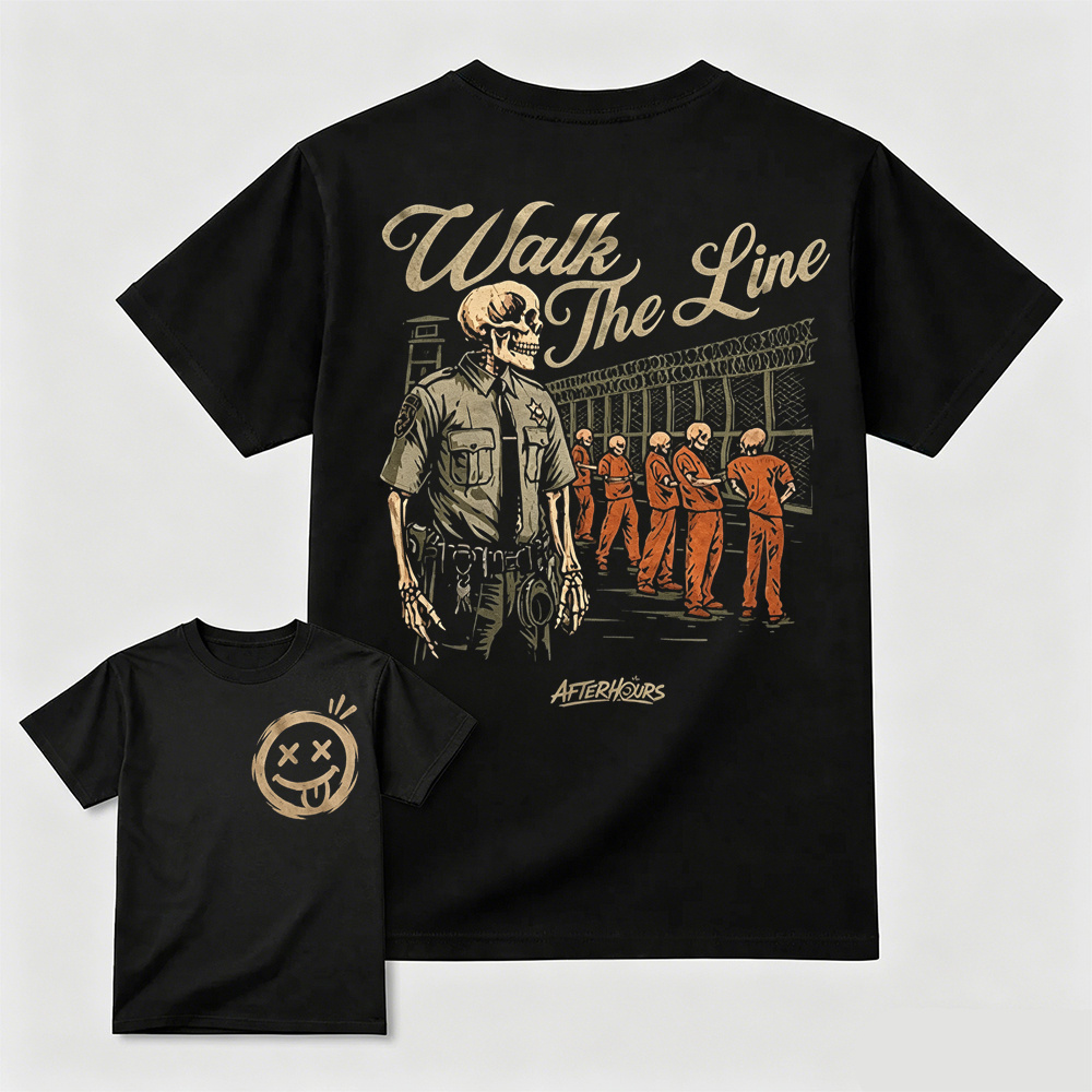 Walk The Line Skeleton Prison Guard Front Back Print T-Shirt