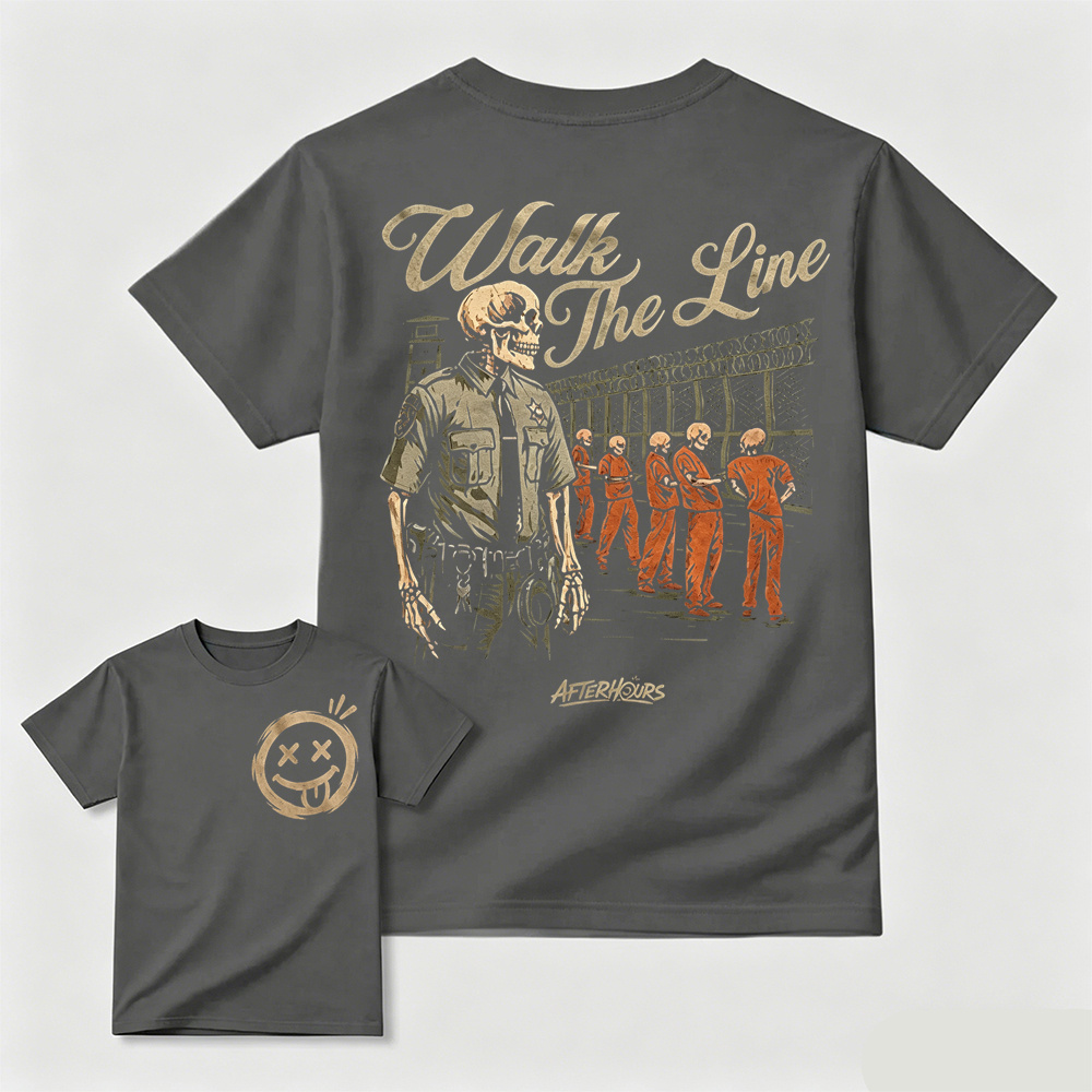 Walk The Line Skeleton Prison Guard Front Back Print T-Shirt