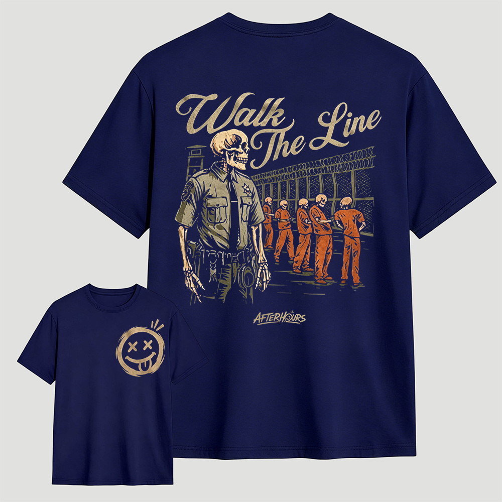 Walk The Line Skeleton Prison Guard Front Back Print T-Shirt