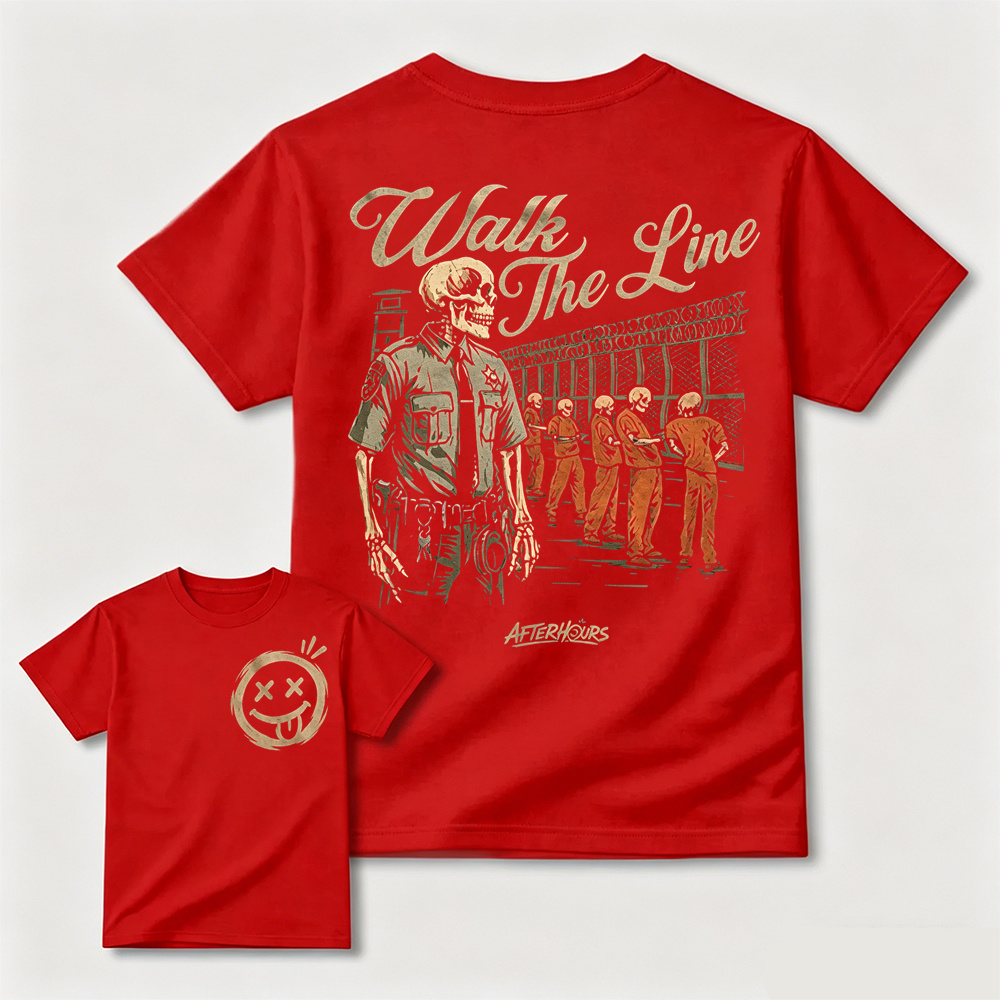Walk The Line Skeleton Prison Guard Front Back Print T-Shirt