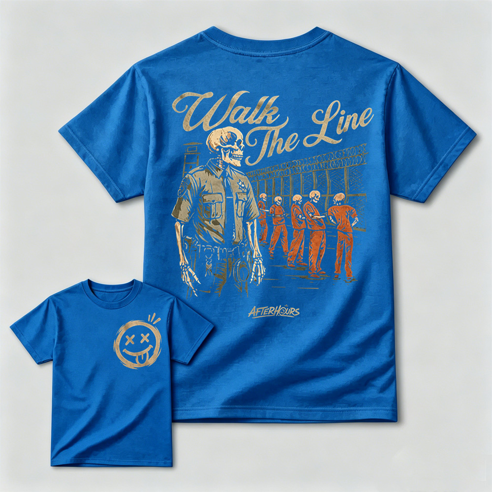 Walk The Line Skeleton Prison Guard Front Back Print T-Shirt