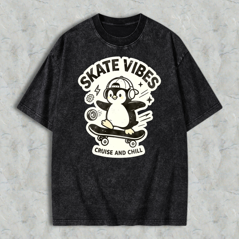 Skate Vibes Penguin On Skateboard Cruise And Chill Graphic Washed T-shirt