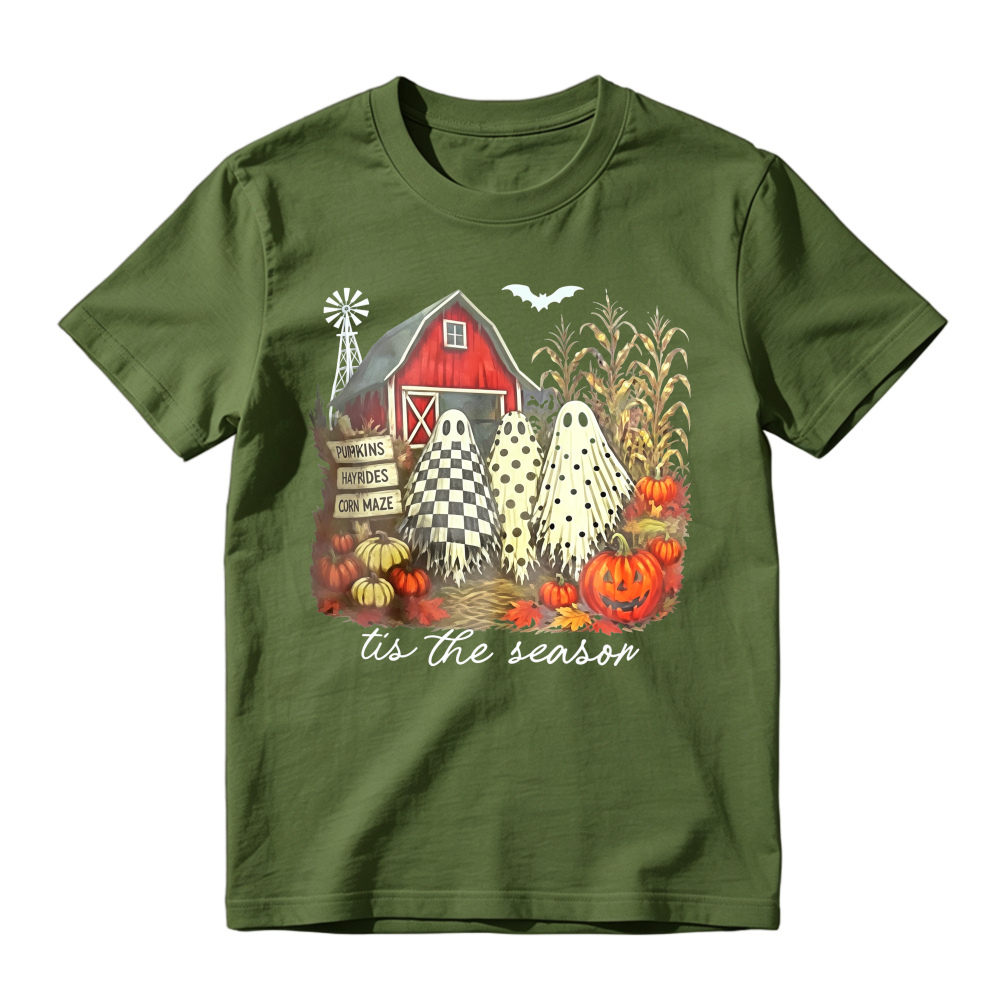 Halloween Farm Scene With Ghosts Pumpkins And Red Barn Tis The Season Unisex Classic T-shirt