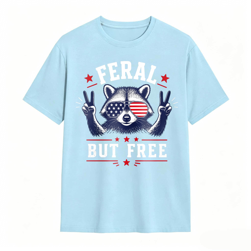 Feral But Free Raccoon American Flag 100% Cotton Graphic T-shirt