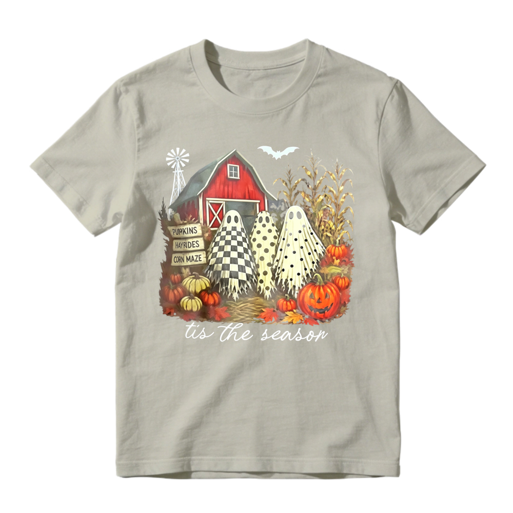 Halloween Farm Scene With Ghosts Pumpkins And Red Barn Tis The Season Unisex Classic T-shirt