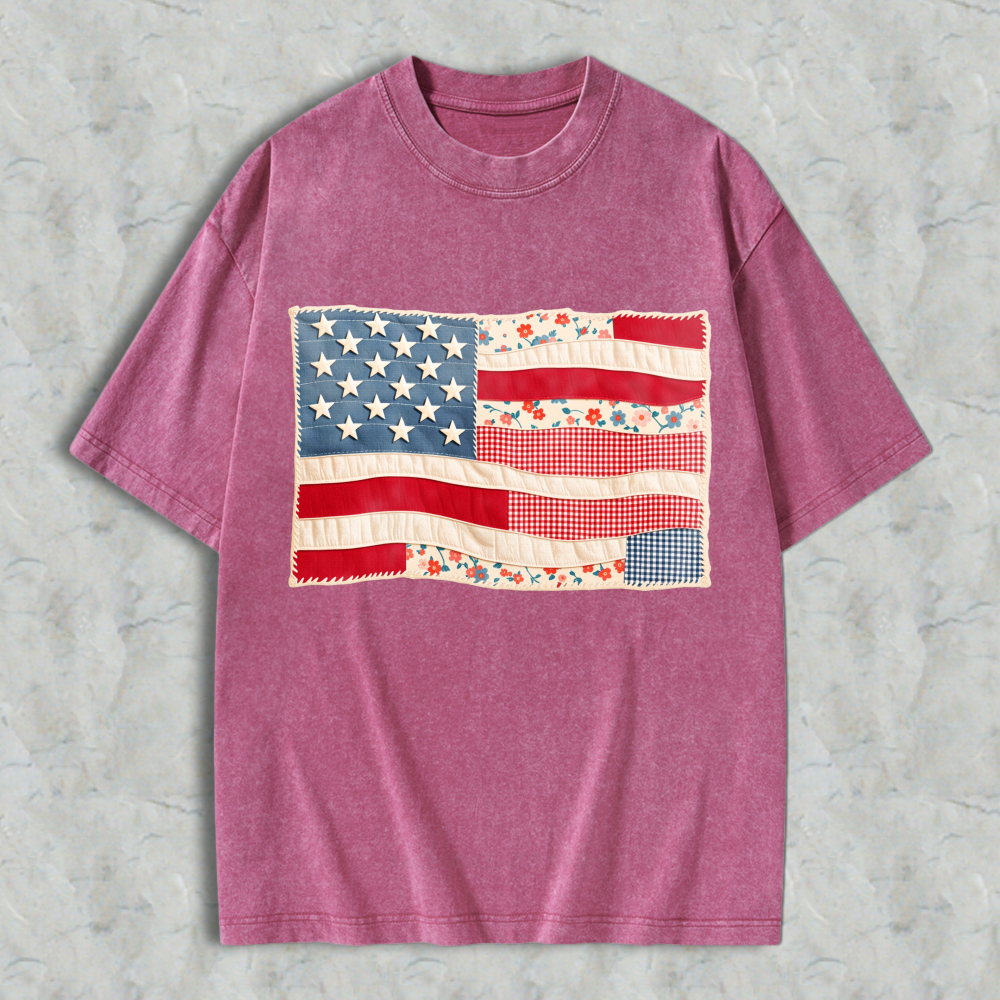 American Flag Patchwork Design Unisex Washed T-shirt