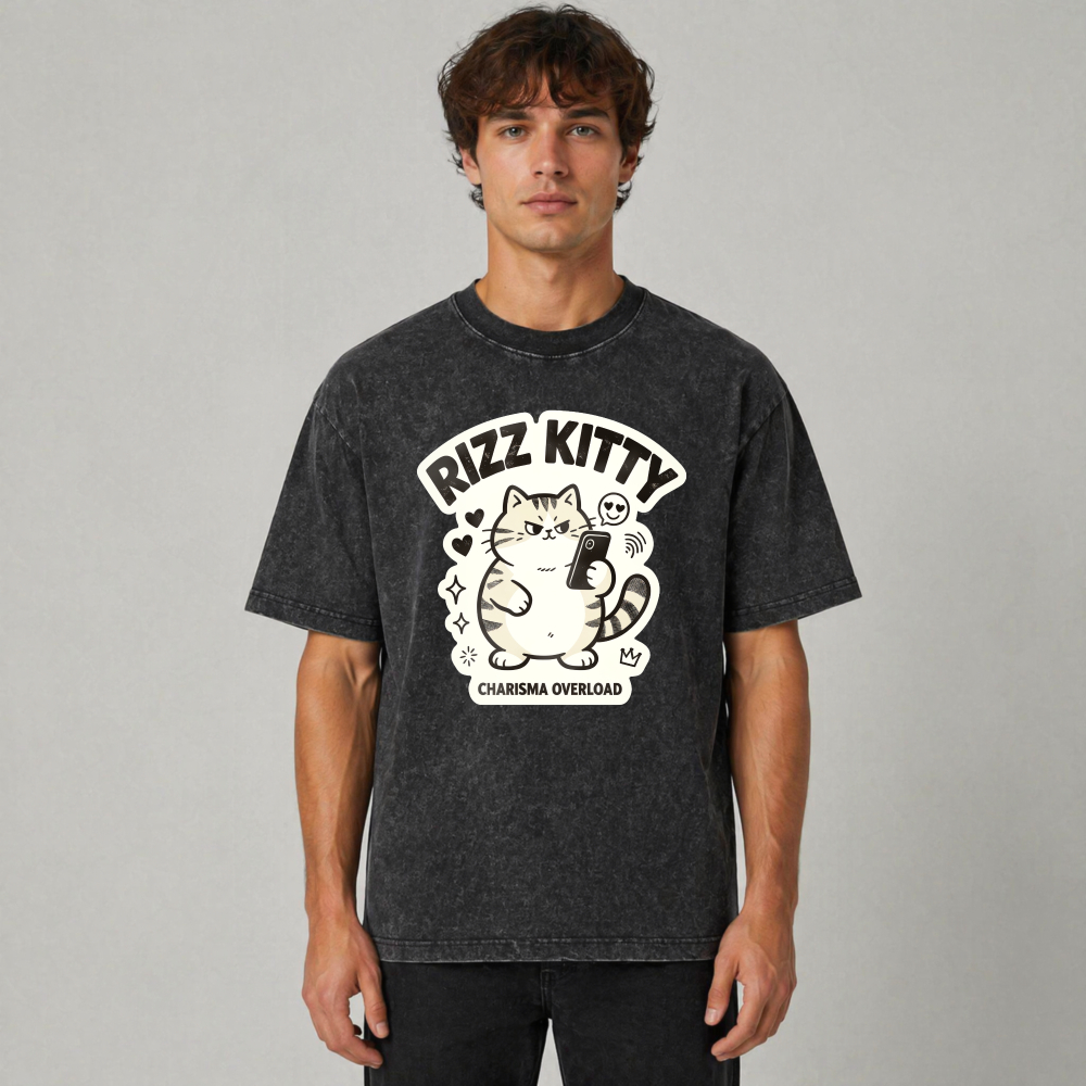 Rizz Kitty Charisma Overload Cartoon Cat Graphic Washed T-shirt