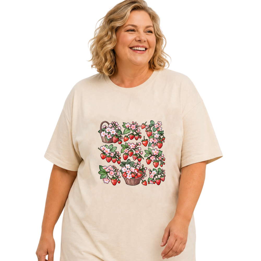 Strawberries Flowers Baskets Spring Design Pattern Print Art tshirt 100% cotton