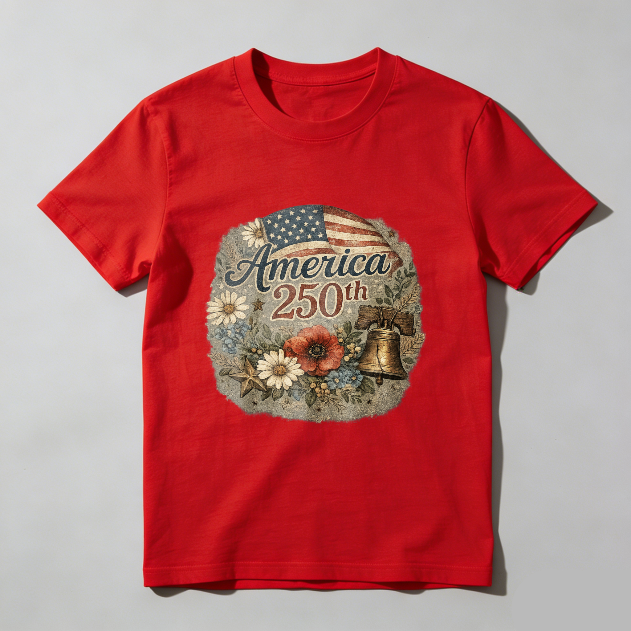 America 250th Anniversary Independence Day Patriotic T Shirt With American Flag Liberty Bell And Flowers Design