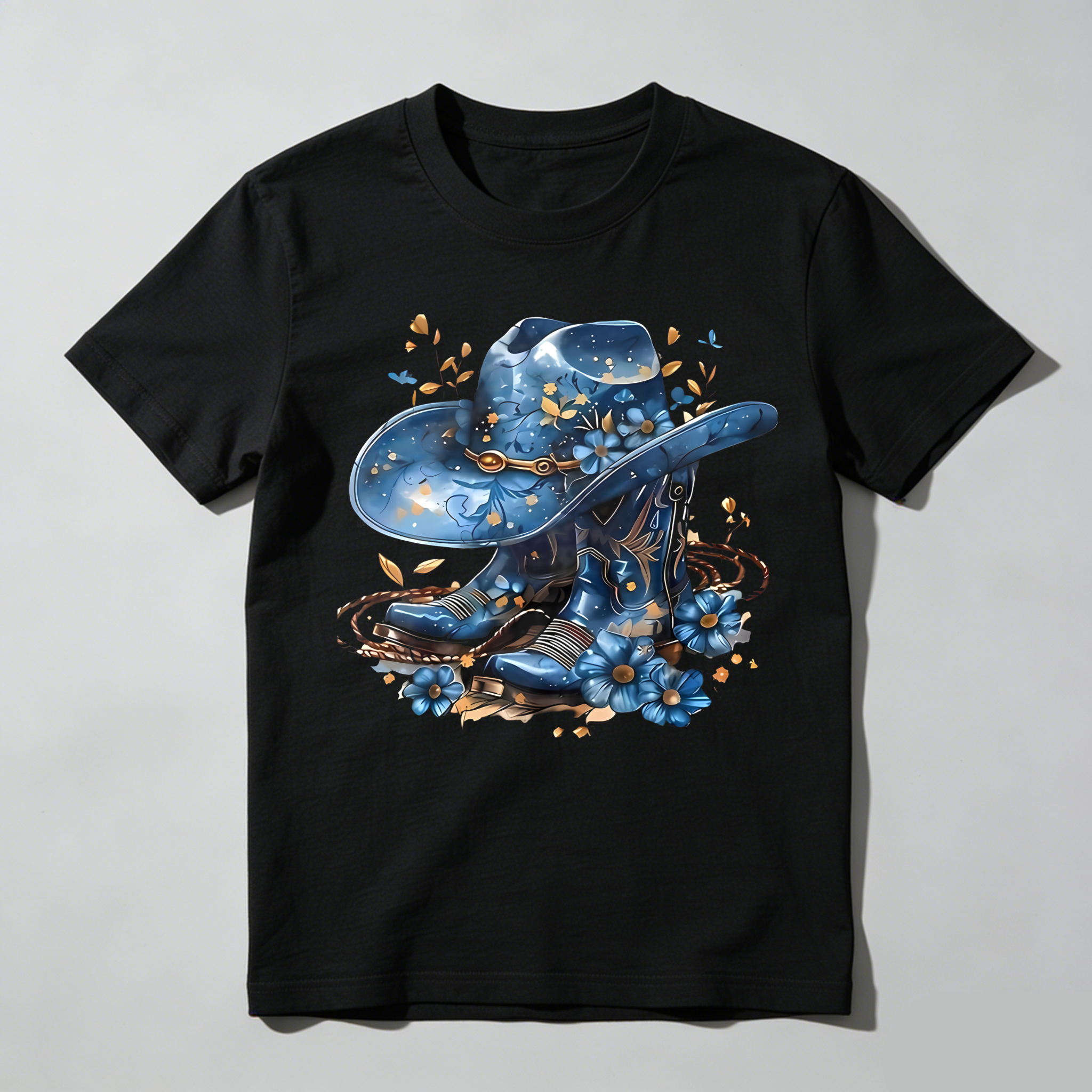 Western Hat And Boots With Blue Flowers T-shirt