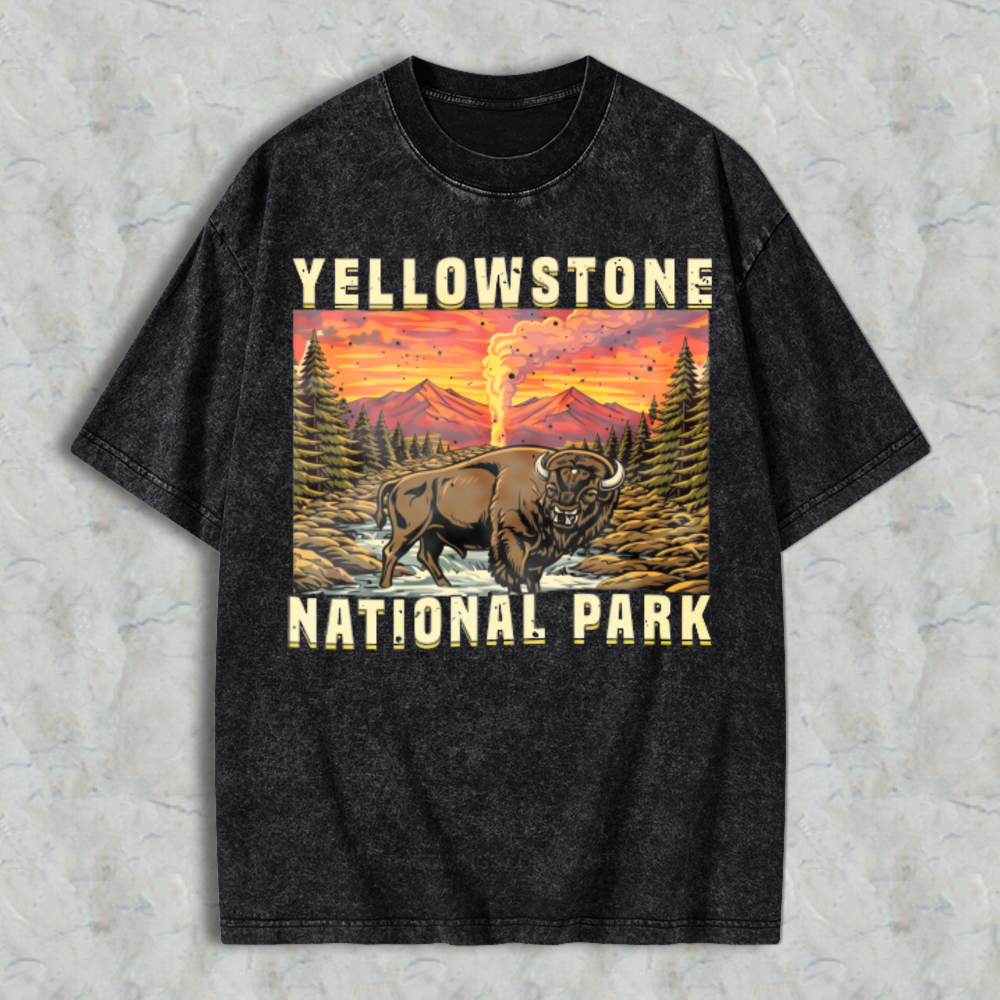 Yellowstone National Park Bison Sunset Landscape Graphic Washed T-shirt