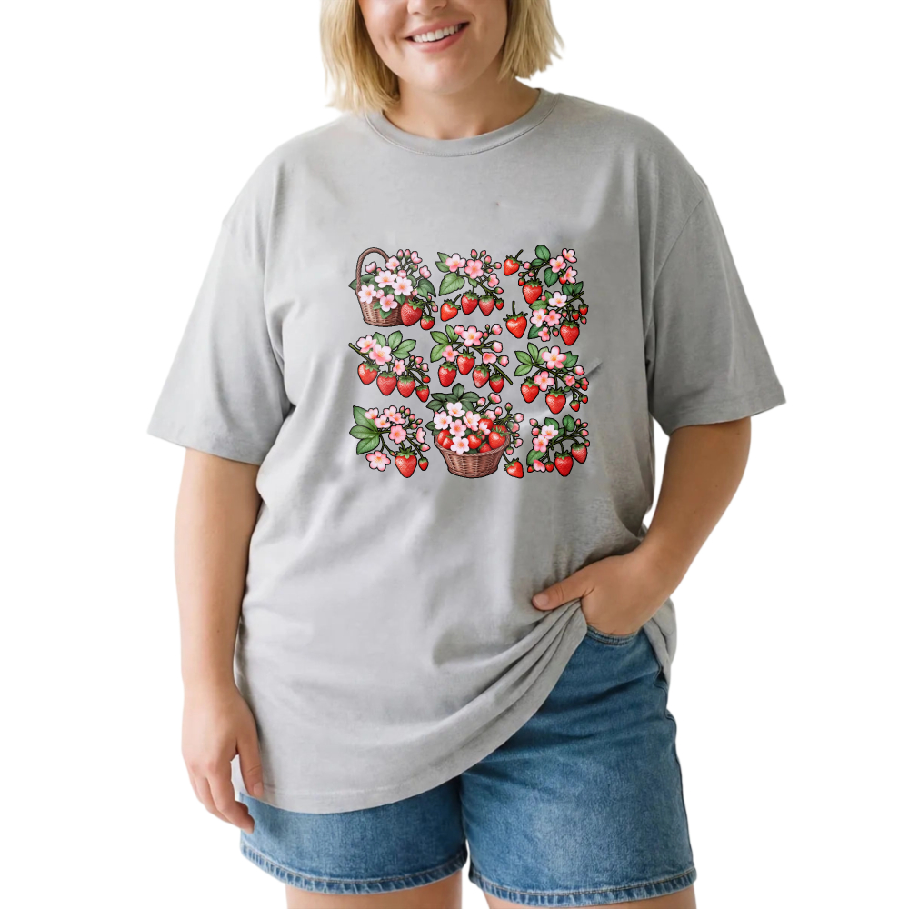 Strawberries Flowers Baskets Spring Design Pattern Print Art tshirt 100% cotton