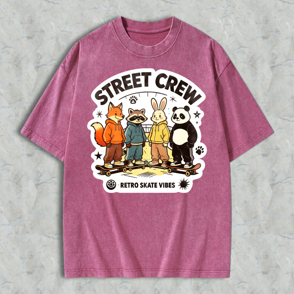 Street Crew Retro Skate Vibes Cartoon Animals Graphic Washed T-shirt