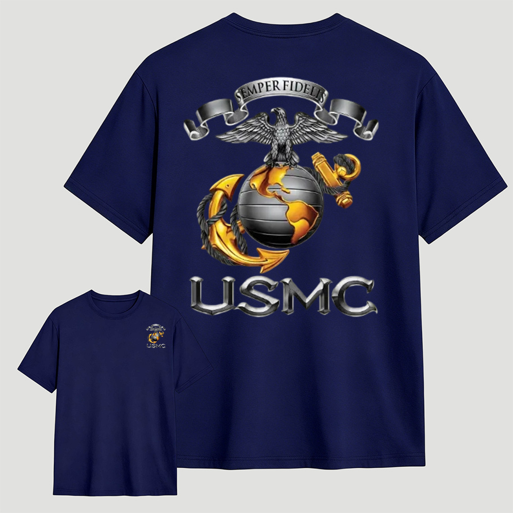 Metallic Eagle Globe Anchor Marine Veteran T-Shirt