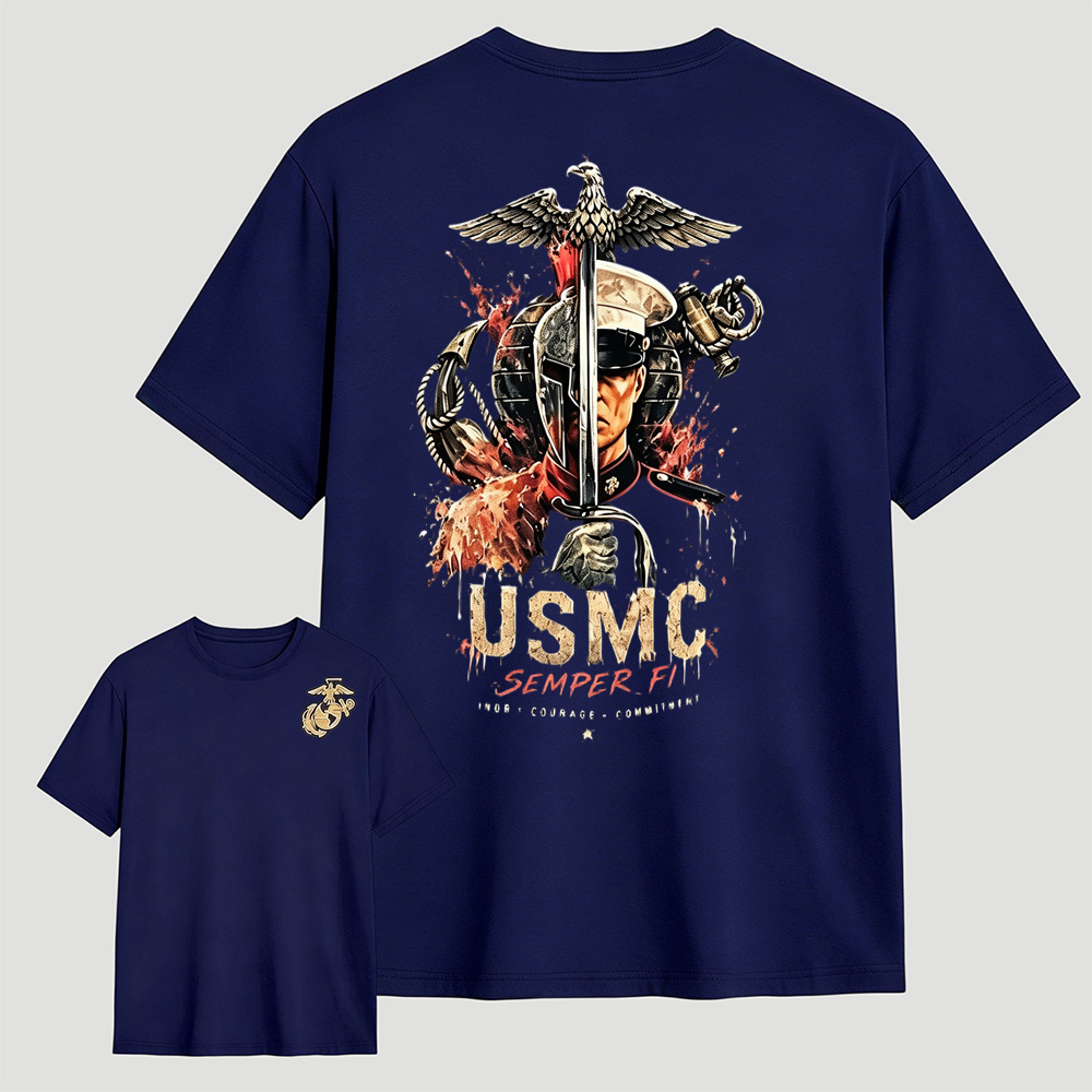 USMC Semper Fi Eagle Sword Dual-Sided Patriotic Graphic Men's T-Shirt