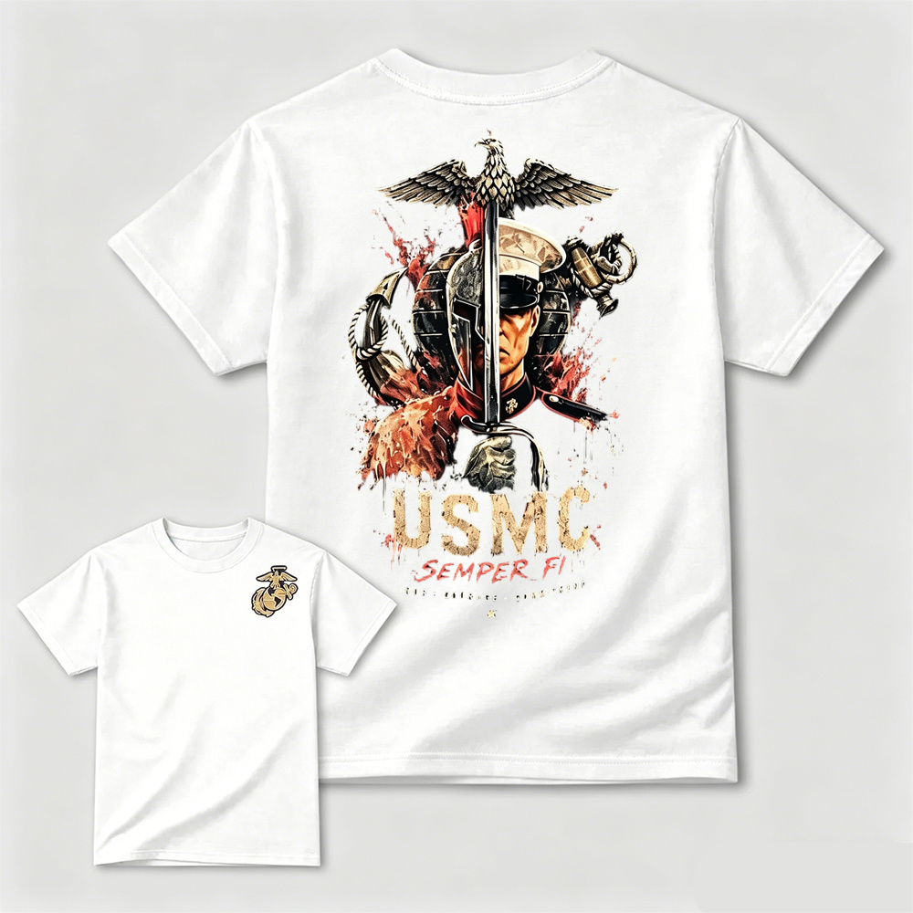 USMC Semper Fi Eagle Sword Dual-Sided Patriotic Graphic Men's T-Shirt