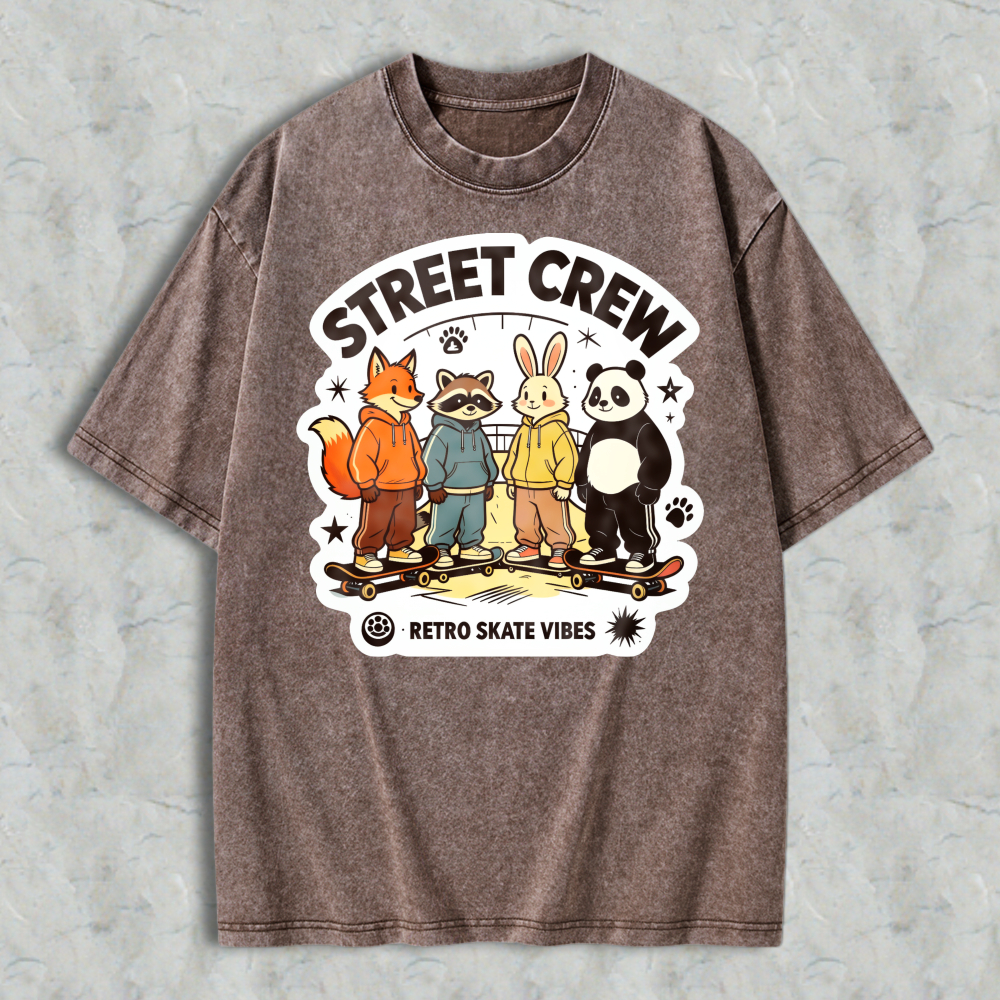 Street Crew Retro Skate Vibes Cartoon Animals Graphic Washed T-shirt